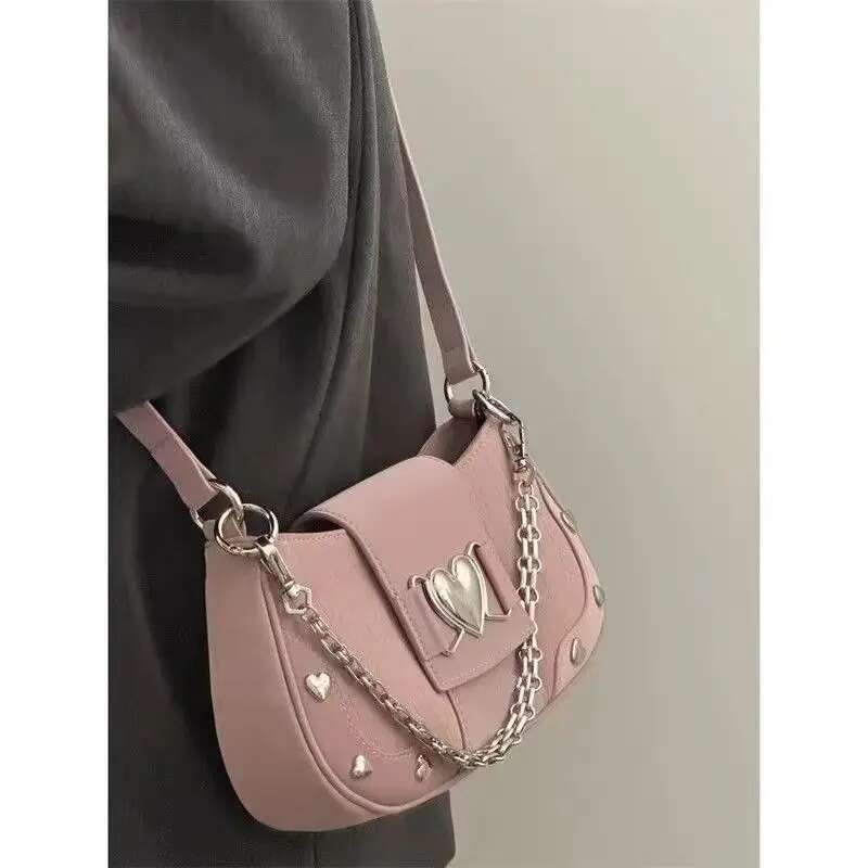 JIAERDI Hot Grils Y2k Handbag Women Vintage Sweet Cool Heart Chain Pink Underarm Female Fairycore Aesthetic Shoulder Bag New