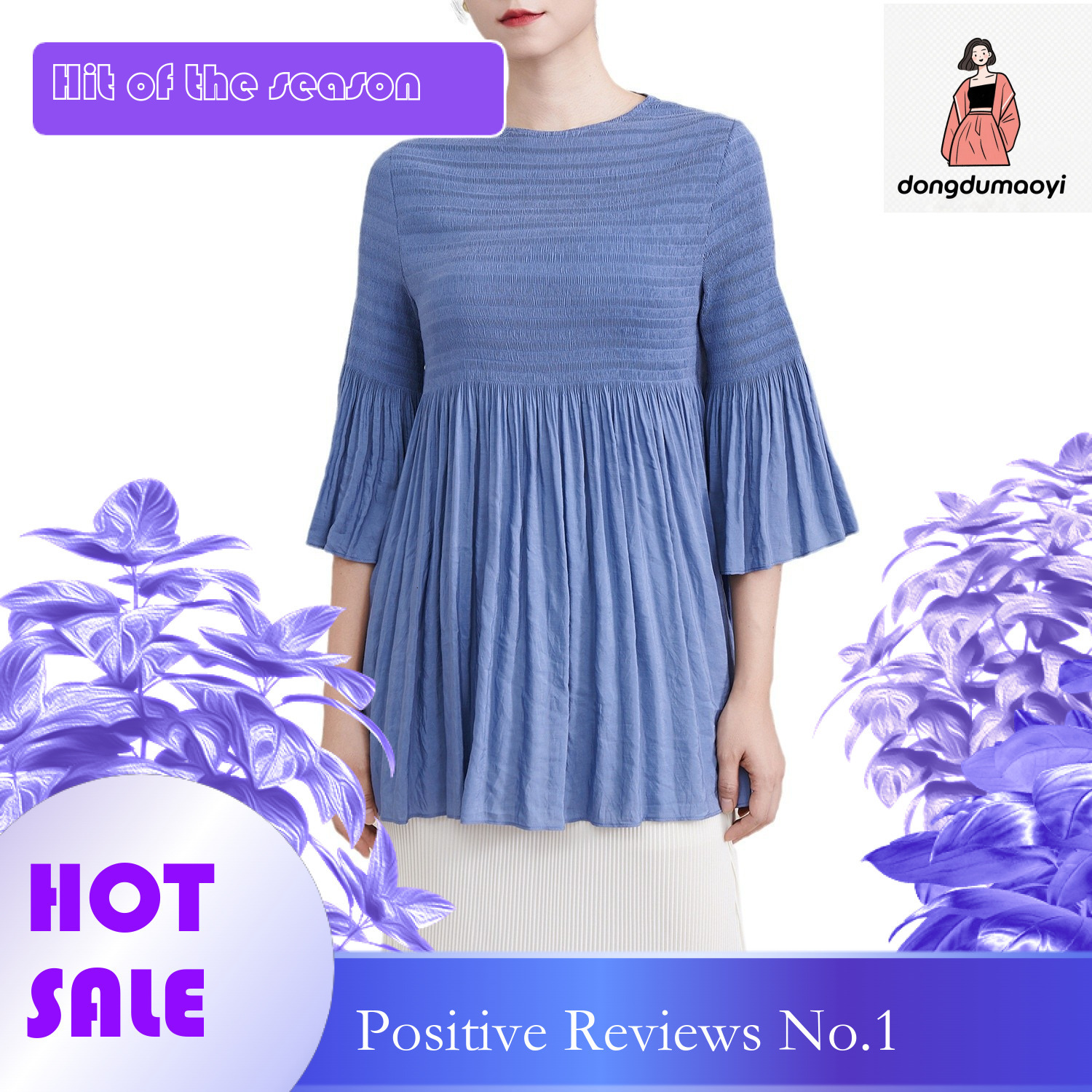 dongdumaoyi Miyake trumpet sleeve round neck pleated T-shirt 2025 spring new large loose medium long style slimming top for women