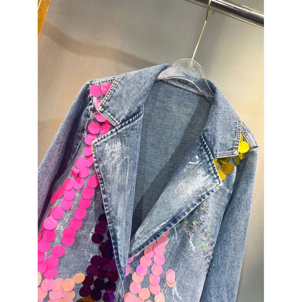 Hand Painted Heavy Sequined Denim Suit Coat Spring Mid Length Blazers Jacket Turn Down Collar Jeans Cardigan Loose Cowboy Tops