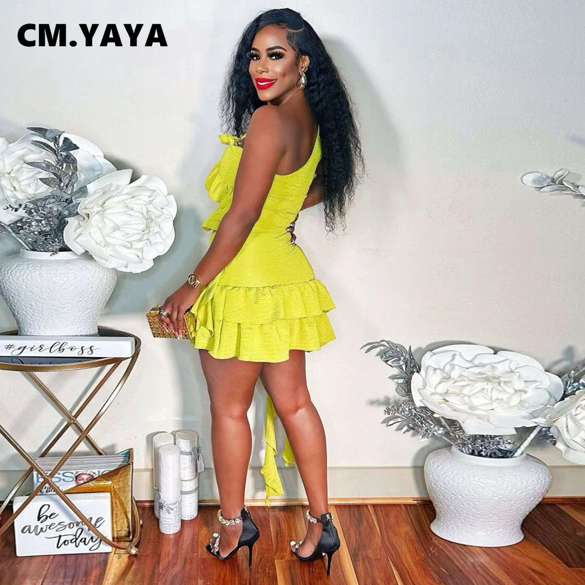 CM.YAYA Women Set Sleeveless One Shoulder Ruffles Tops and Mini Skirt Suits Sexy Cute beach Street Two 2 Piece Set Outfits 250513