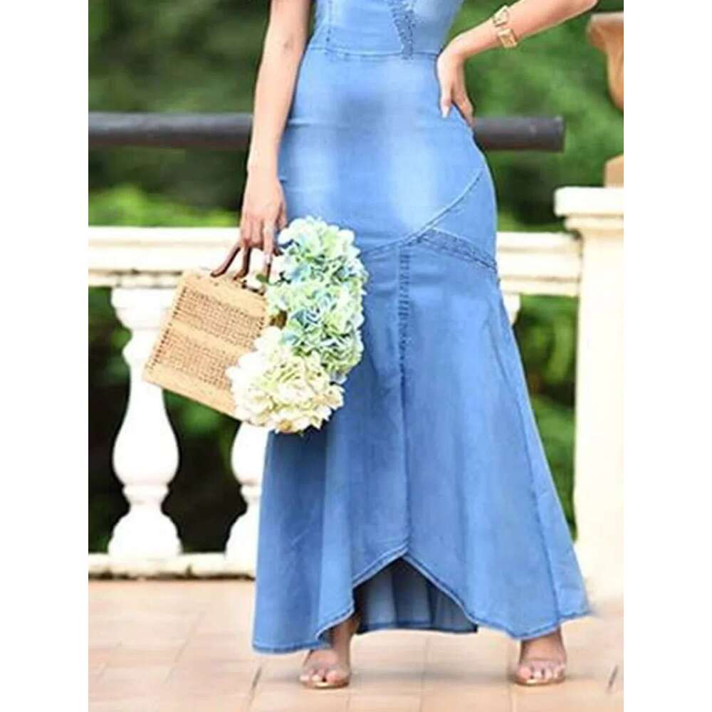 Plus Size Plain V Neck Light Washed Short Sleeve Denim Maxi Bodycon Vintage Mermaid Dress Casual Summer Long Dresses