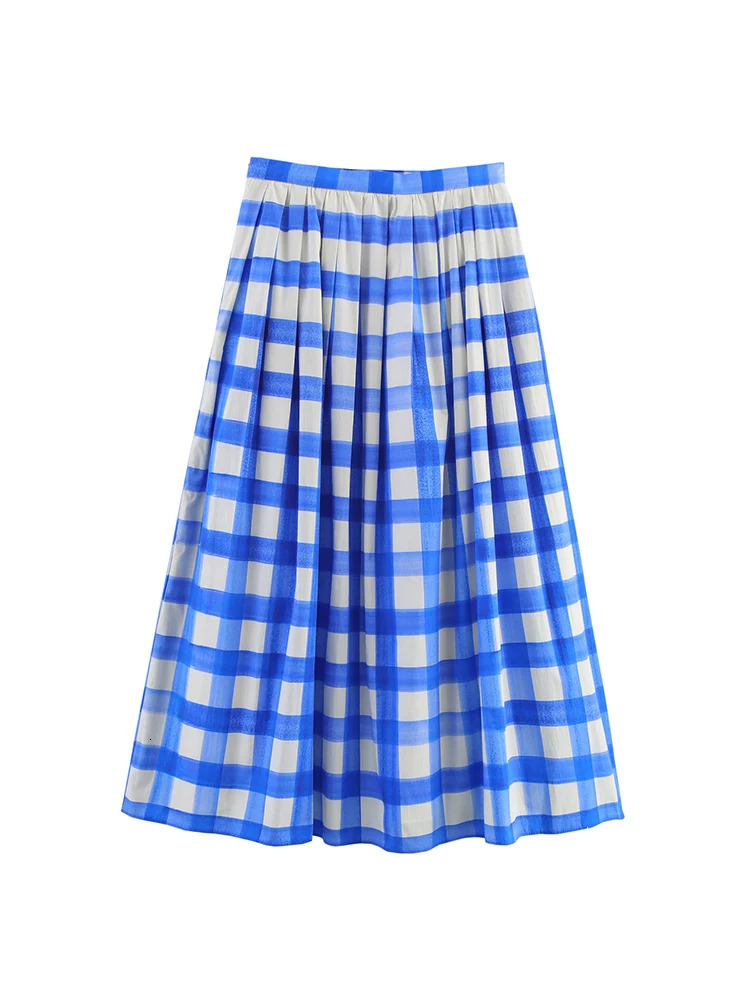 TFMLN Blue White Plaid Aline Skirt For Women Summer Lightweight High Waisted Zipper Long Female Slim Casual 250514