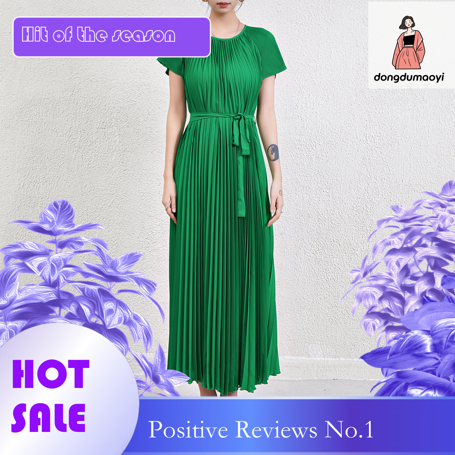 dongdumaoyi Summer haute couture dress heavy duty pleated loose plump with a slimming temperament and age reducing lace up long skirt