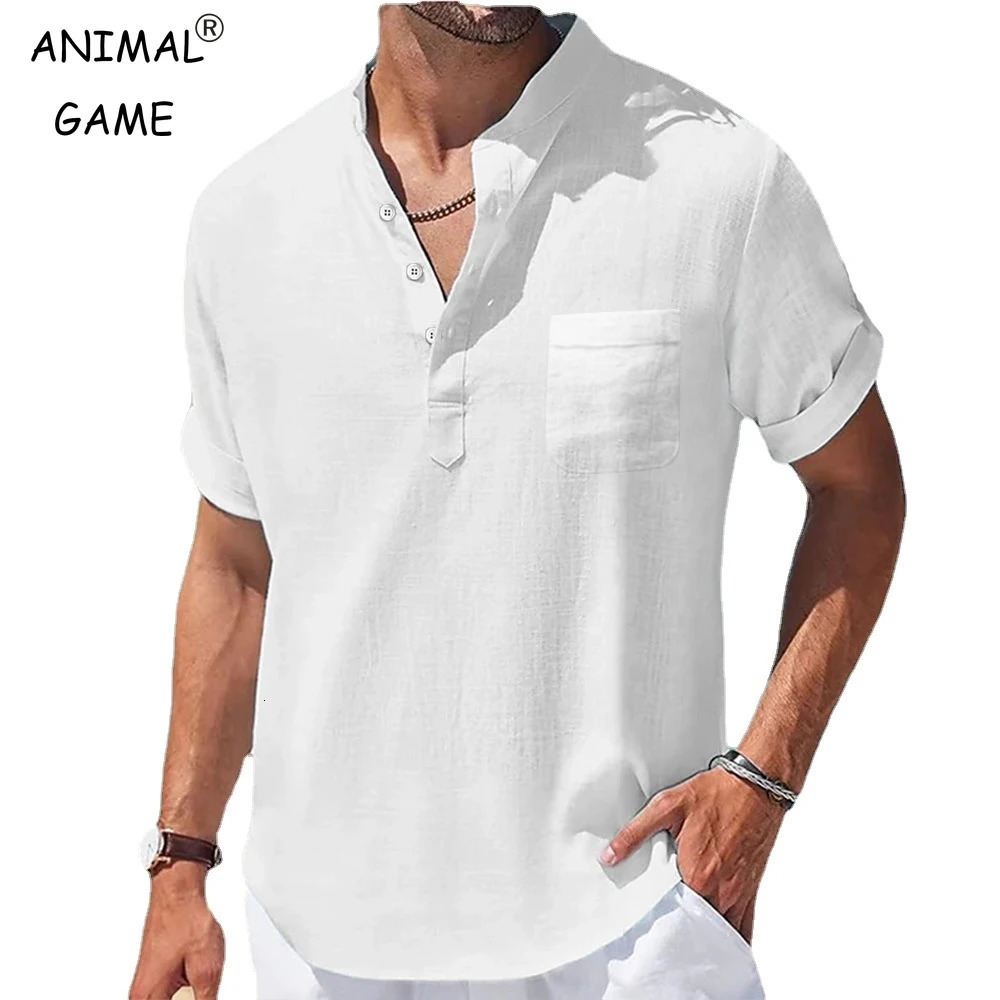 Mens Casual Stand Up Collar Summer Solid Color Short Sleeve Linen Shirt Trendy Breathable Loose Youth Basic Pocket Top 250514