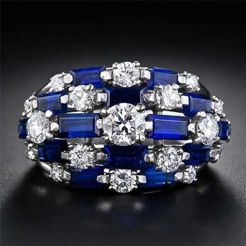 925 Sterling Silver Blue/White CZ Full Bling d Out Female Cubic Zirconia Wide Rings for Women Statement Jewelry GiftsXJ250514