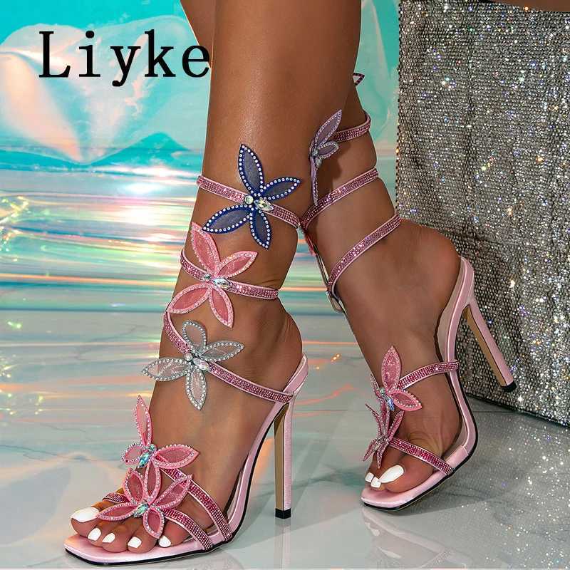 Similar Fashion Glitter Rhinestones Women Sandals Crystal Butterfly Square Toe Wedding Party Stripper Shoes High Heels Black Blue W250514