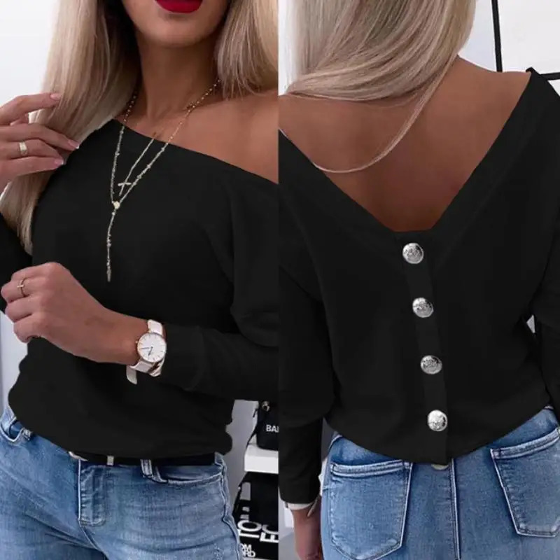 Autumn Long Sleeve Chic Back Buttons Pullovers Shirts Women Elegant Slim Fit Casual Blouse Fashion Solid Skew Collar Shirt 250514
