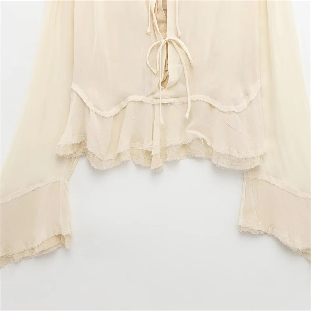 Taop Za womens spring and summer round neck flared sleeve ruffle collar lace up layered decoration shirt 250514
