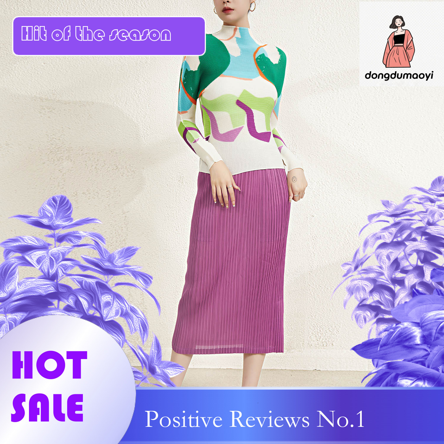 dongdumaoyi Miyake niche chic design long sleeved half neck pleated printed top spring style women's age reducing western-style base small shirt