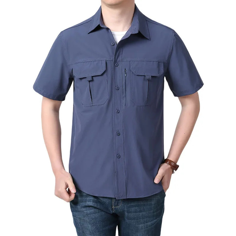 Summer mens short sleeved breathable tactical work shirt top outdoor casual quick drying multi pocket camping cargo 250506Z