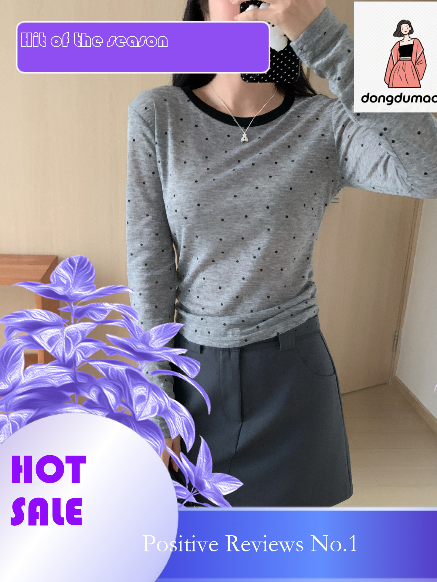 dongdumaoyi New polka dot long sleeved base shirt for women's spring design, slim fit shoulder T-shirt, unique and super beautiful top