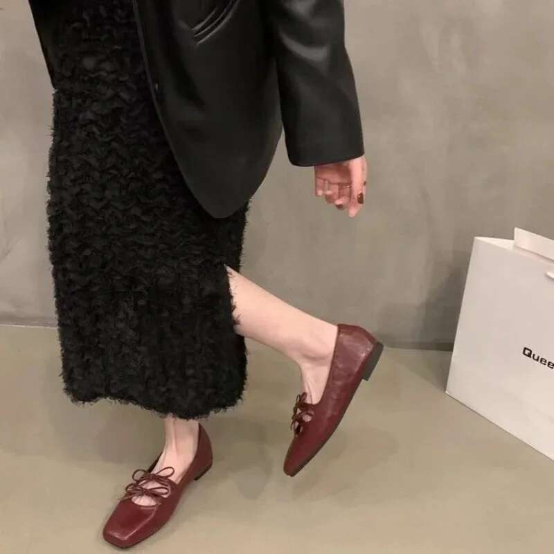 Lovely Double Bowknot Women Mary Jane New 2024 Spring Summer Square Toe Dress Flat Shoe Ladies Red Soft Sole Shoes