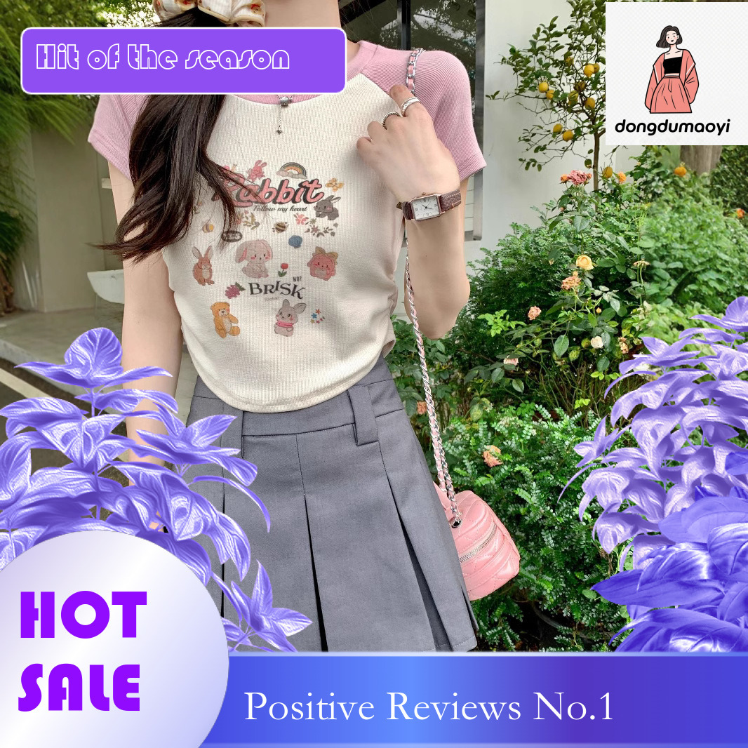 dongdumaoyi American cartoon printed raglan sleeved for women's summer new design sense, short cut slimming top T-shirt