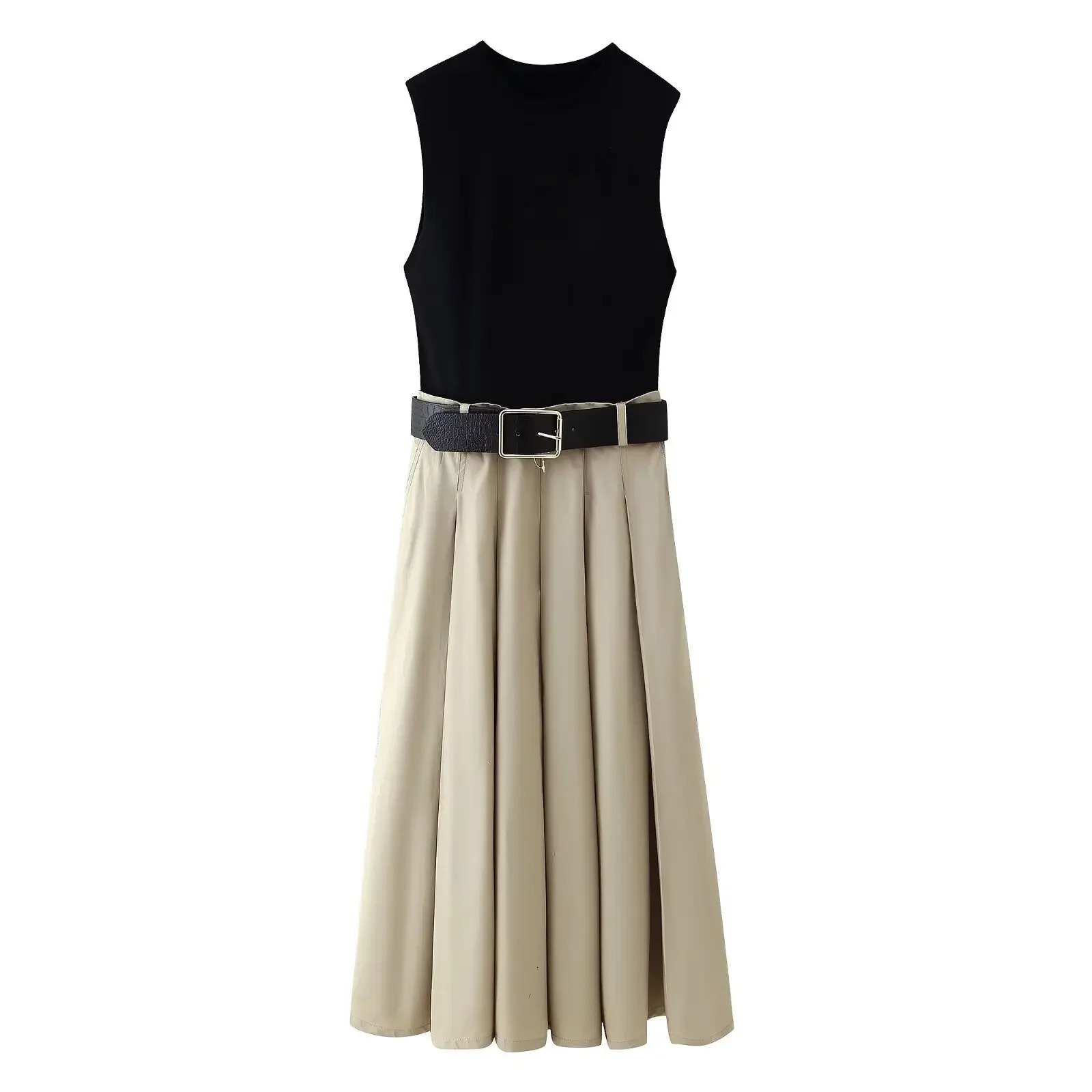 ZBZA Womens Belted Dress Round Neck Sleeveless Splicing n Aline Midlength Skirt Spring and Summer Fashion Long 250514