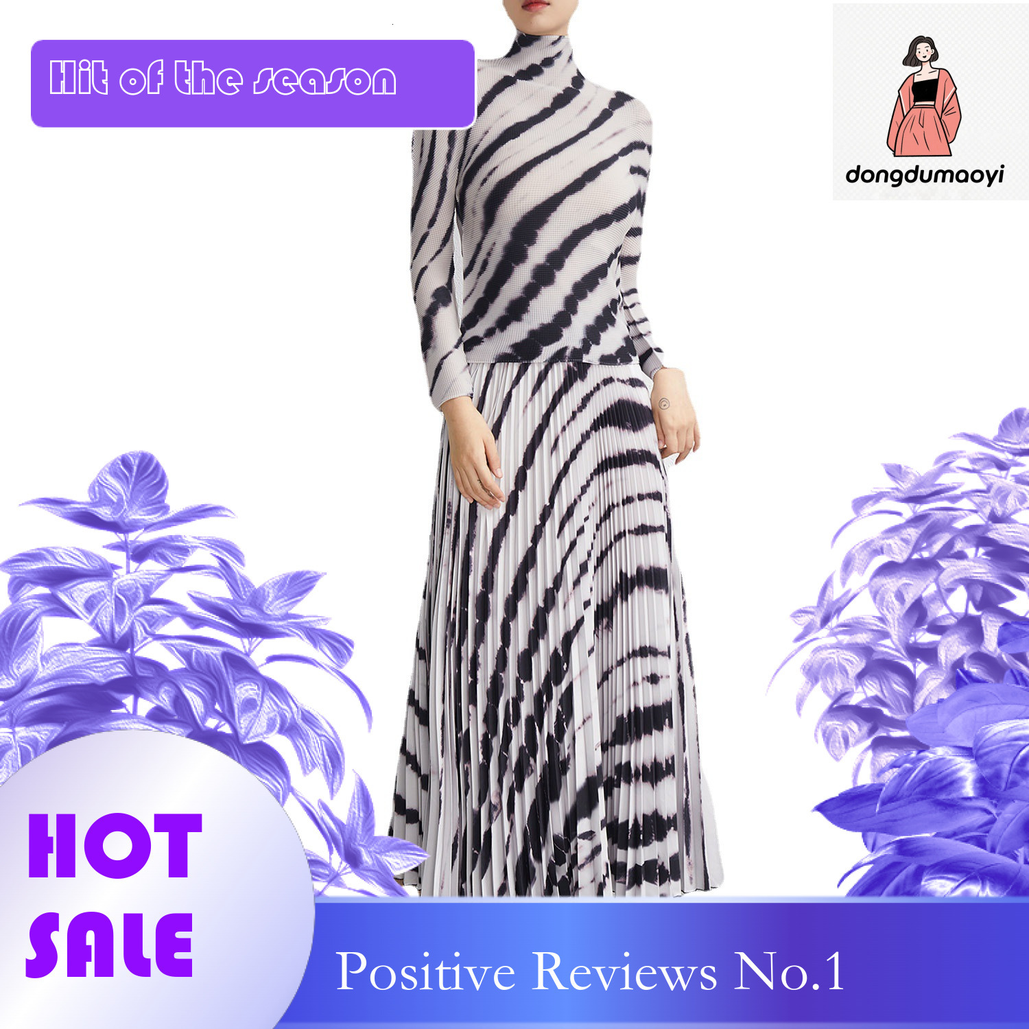 dongdumaoyi Miyake Fashion Set, Women's Fold Spring New Sleeve Bottom Shirt, Hanging High Waist Long Skirt, Two Piece Set