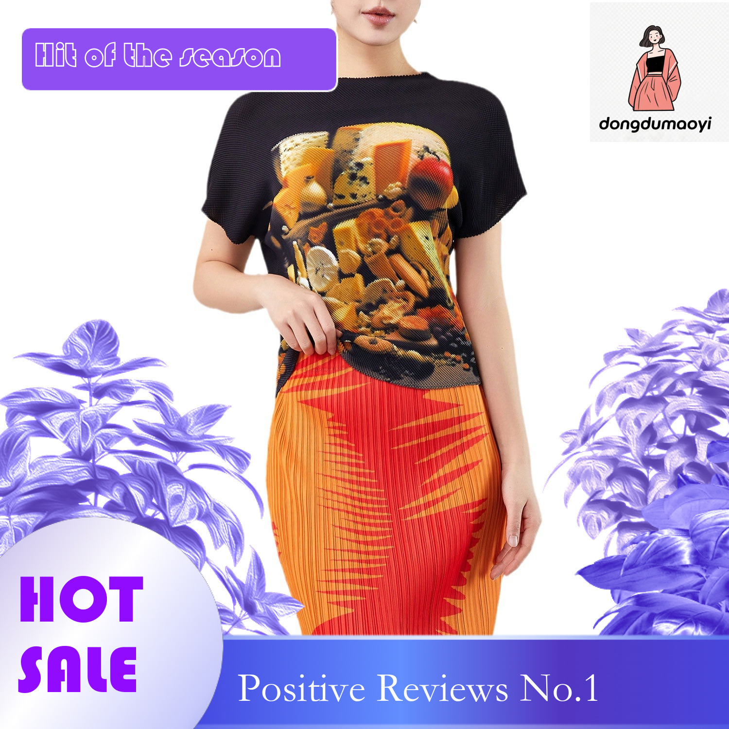 dongdumaoyi Street psychedelic letter design printed top with pleats, new hip-hop style short sleeved T-shirt, women's summer