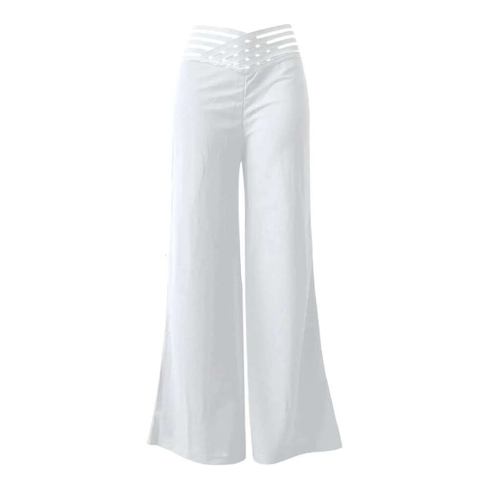 Women Wide Leg Flared Pants Autumn Casual Crisscross Sheer Mesh Patch High Waist Trousers Y2k Streetwear Elegant Work Pant