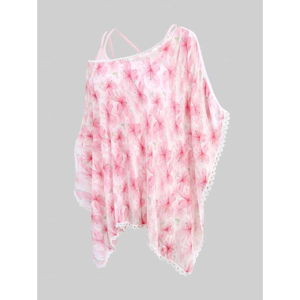 ROSEGAL Plus Size Women's Crisscross Camis Top and Blouse, Light Pink Print Lace Trim, Sheer Asymmetrical T-Shirts Vest Set
