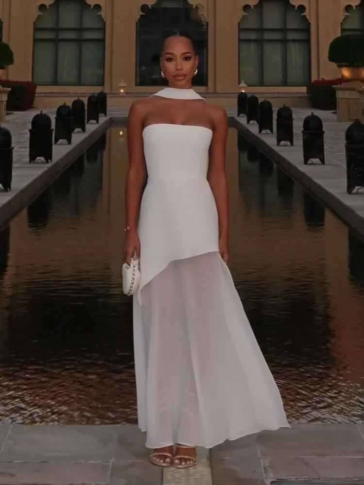 Elegant White Mesh Splicing Slim Women Strapless Dress Chic Scarf Neck Off Shoulder High Waist Long Dresses Lady Party RobesXJ250514