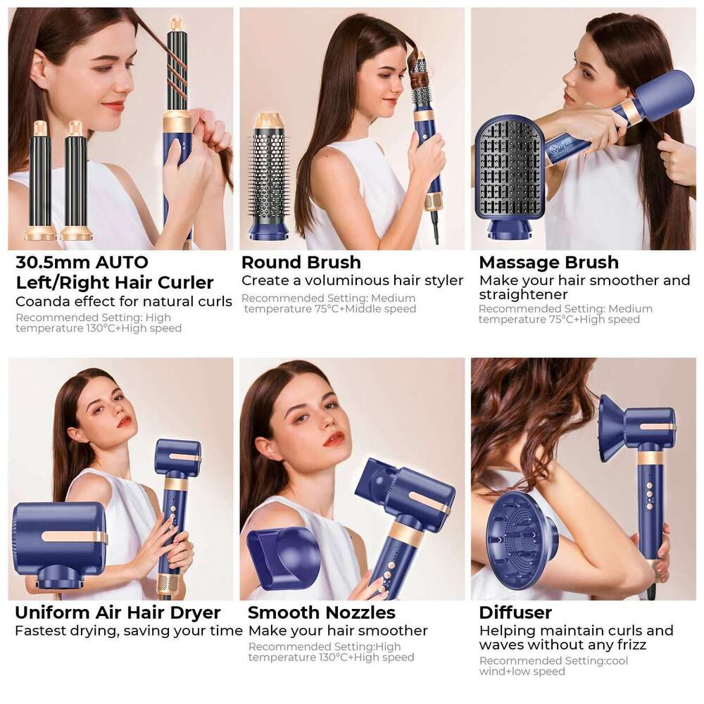 7 In 1 Brush Brushless High Speed with Diffuser Ionic Blow Dryer Hot Air Styling Comb Auto Hair Curler