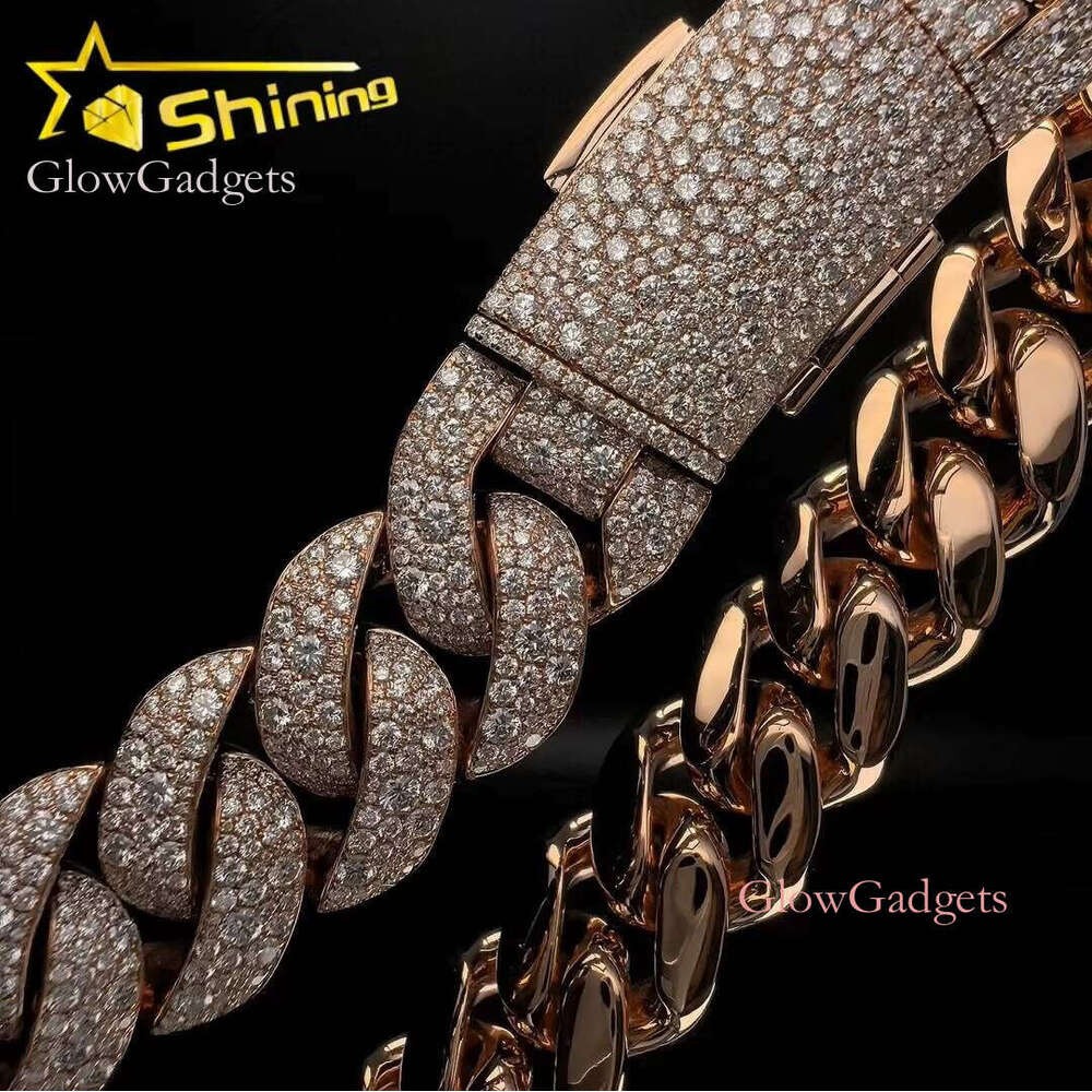 Iced Out 10K Solid Rose Gold Mosaic Setting Lab Grown Dia Cuban Link Chain Necklace 20MM Width