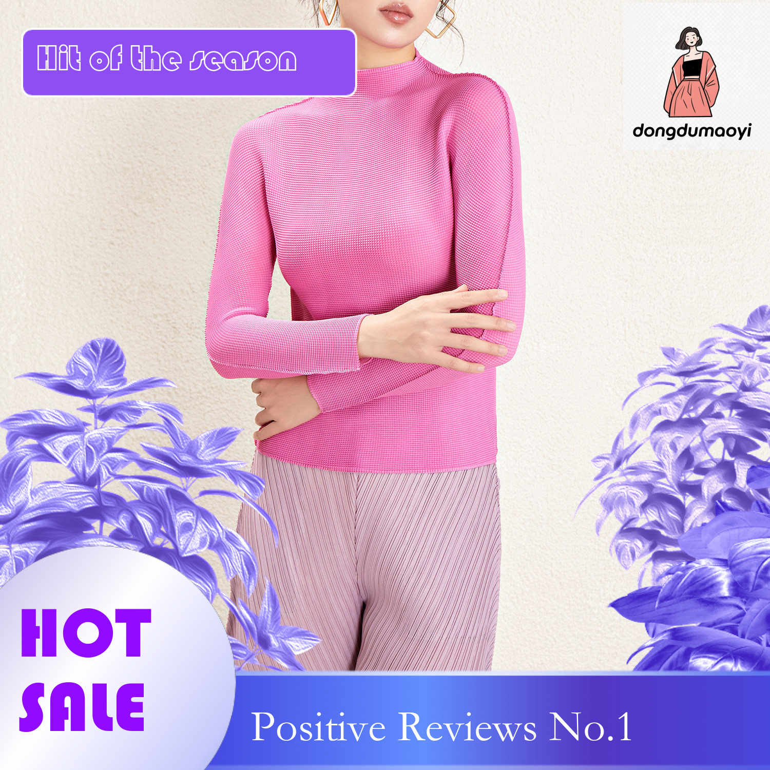 dongdumaoyi Miyake Me series pleated semi high neck long sleeved top T-shirt spring, slim fit and slimming, solid color base shirt for women
