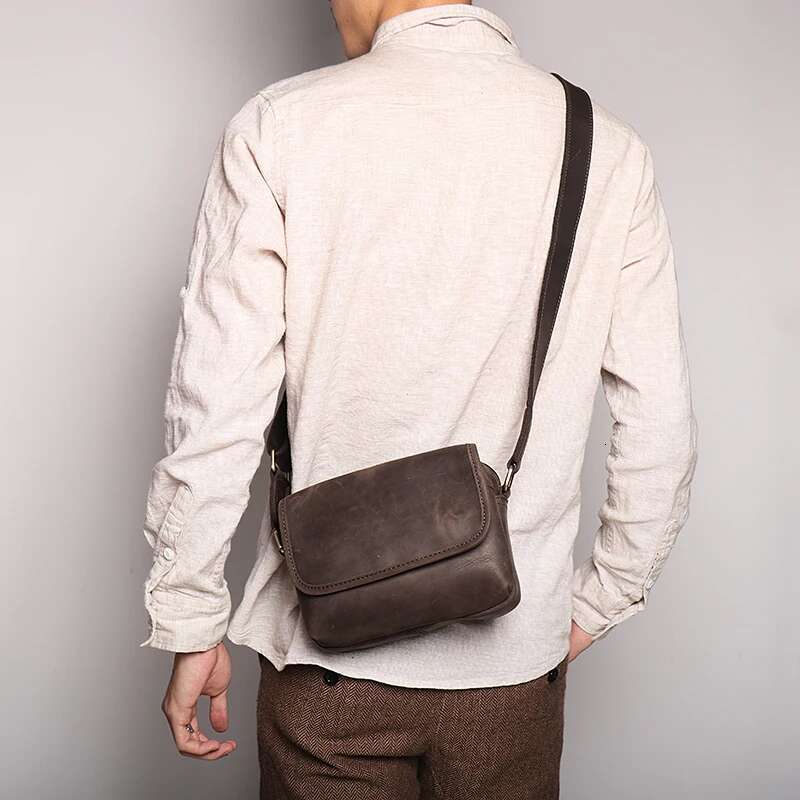 Real Men's Shoulder Vintage Daily Zipper Flap Phone Man Simple Bag Crazy Horse Leather Retro Sling Ba