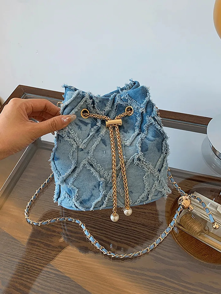 Vintage Denim Bucket Bag Retro Style Light Blue Ripped Edge n Gold Chain Pearl Embellishment Adjustable Fringe Shoulder 250514