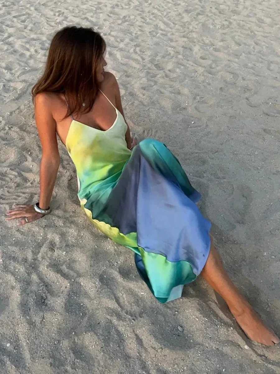 Combhasaki Womens Summer Boho Cami Long Dress Gradient Color Spaghetti Strap V-Neck Backless Beachwear Party Maxi SundressXJ250514