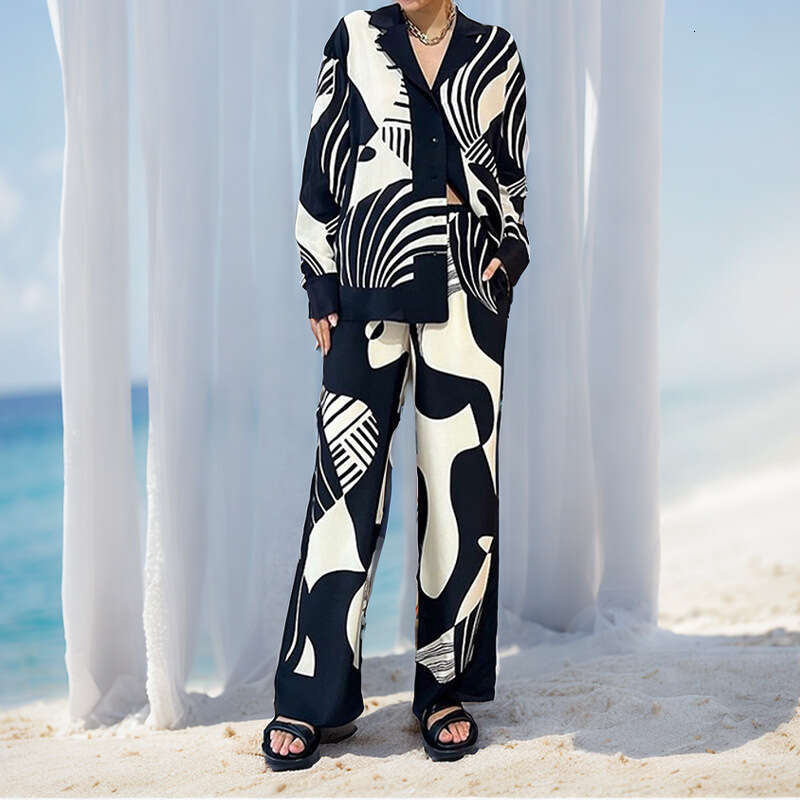 2025 New Clothing Style Trendy Lazy Printed Shirt Long Sleeve Fashion Set Womens Two Piece Gentle Wind Long Printing Fashion Versatile New Product New
