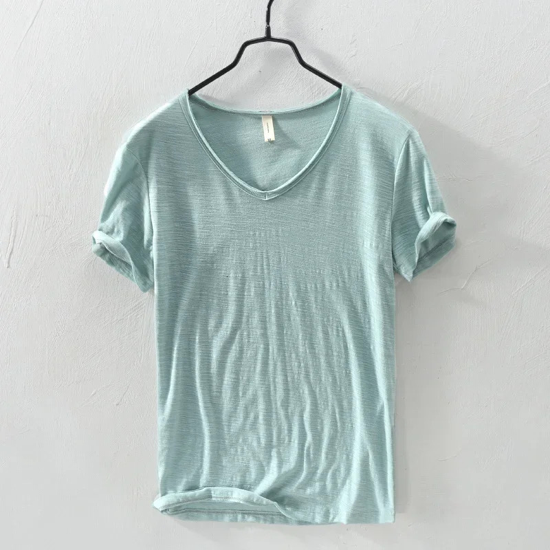 Summer 100% Cotton T-shirt Men V-neck Solid Color Casual T Shirt Basic Tees Plus Size Short Sleeve Tops Y2449 250513