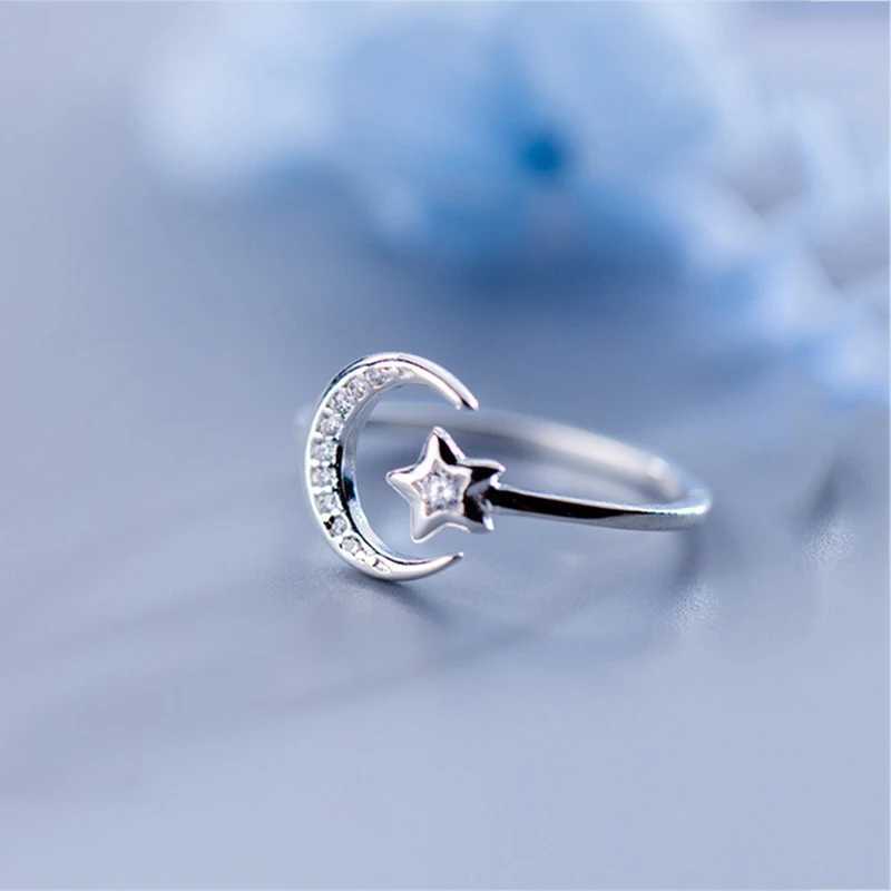 Real 925 Sterling Silver Minimalist Zircon Moon Star Opening Ring For Charming Women Party Fine Jewelry Cute 2019 GiftXJ250514