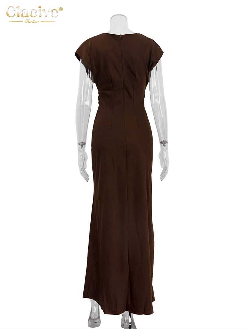 Clacive Summer Slim Brown Satin Womens Dress 2024 Bodycon O-Neck Sleeveless Ankle Length Dresses Elegant Classic Female DressXJ250514