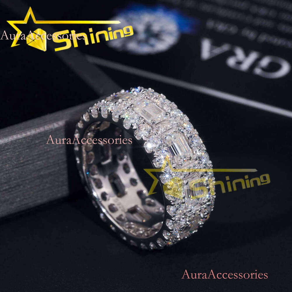 Emerald Cut Moissanite Iced Out Men's Sier Gold Plated Hip Hop Fine Jewelry Men Ring