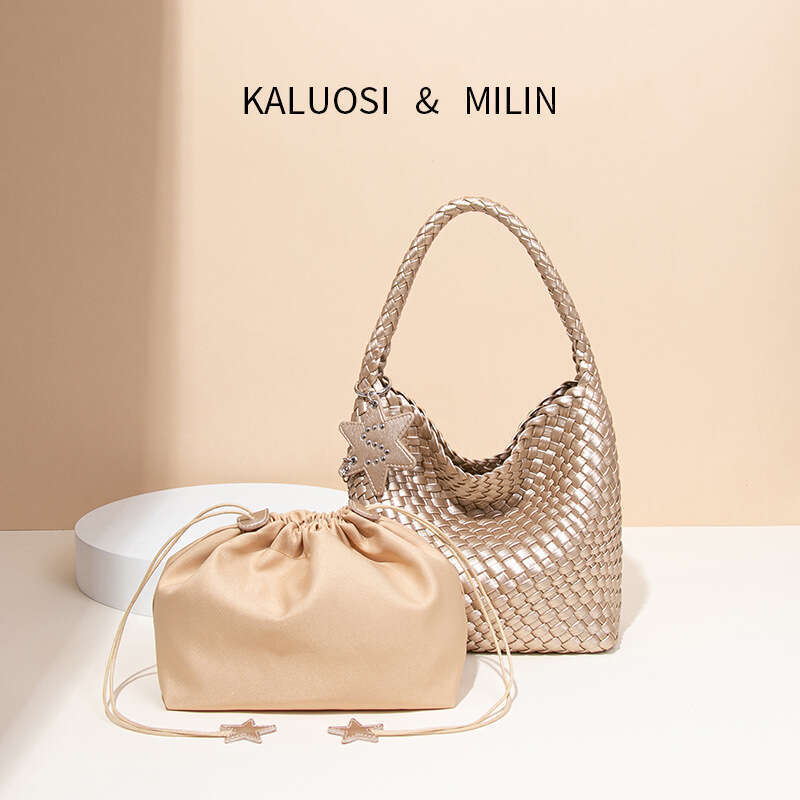 Tote Bag Live Streaming New High End Versatile Champagne Gold Woven Tote For Women Large Capacity Commuting Bucket Bag Hand Held Shoulder Bag KQ