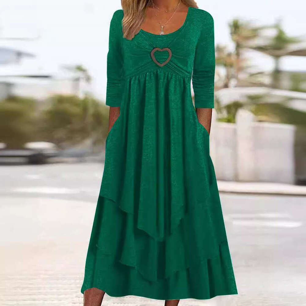 Women Clothes Dress Spring And Autumn New Solid Color Waistband Love Decoration By Layer Cake Hem Casual Dress KQ