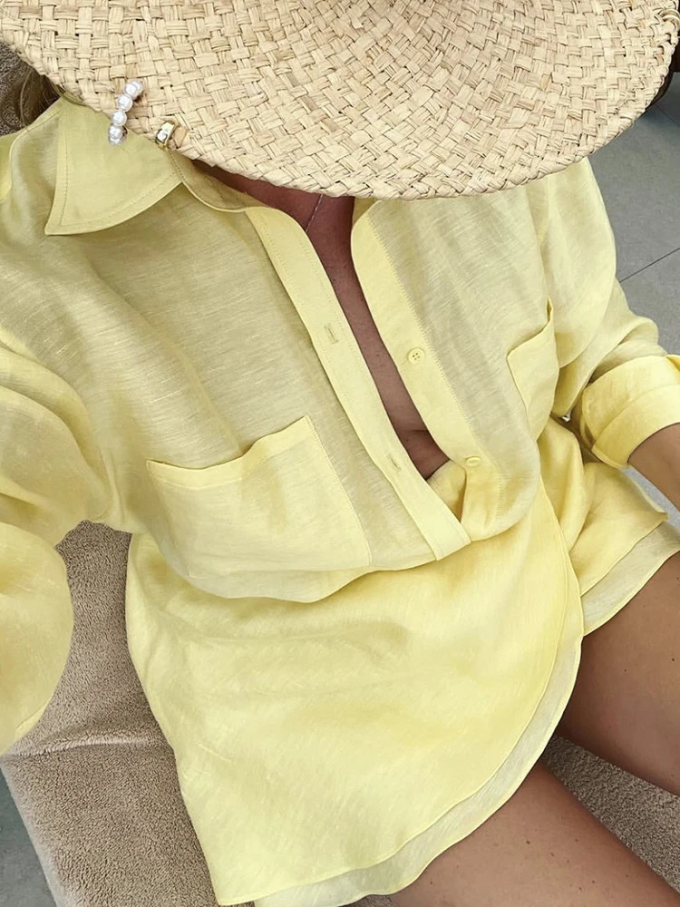 JULISSA MO Casual Vacation Two Piece Sets Women Shirt Suit Yellow Turndown Collar Bandage Mini Skirt Set Summer Slim Beachwear 250514