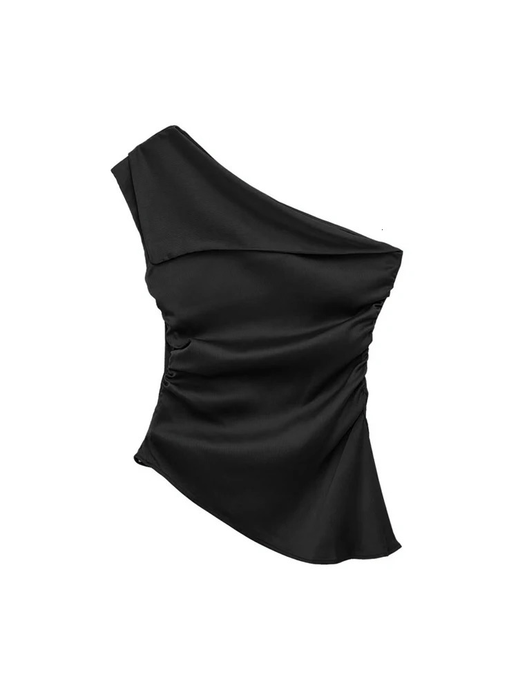 TRZA Womens Asymmetric Draped Blouse One Shoulder Side Zipper Chic Fashion Top Female Shirt 250514