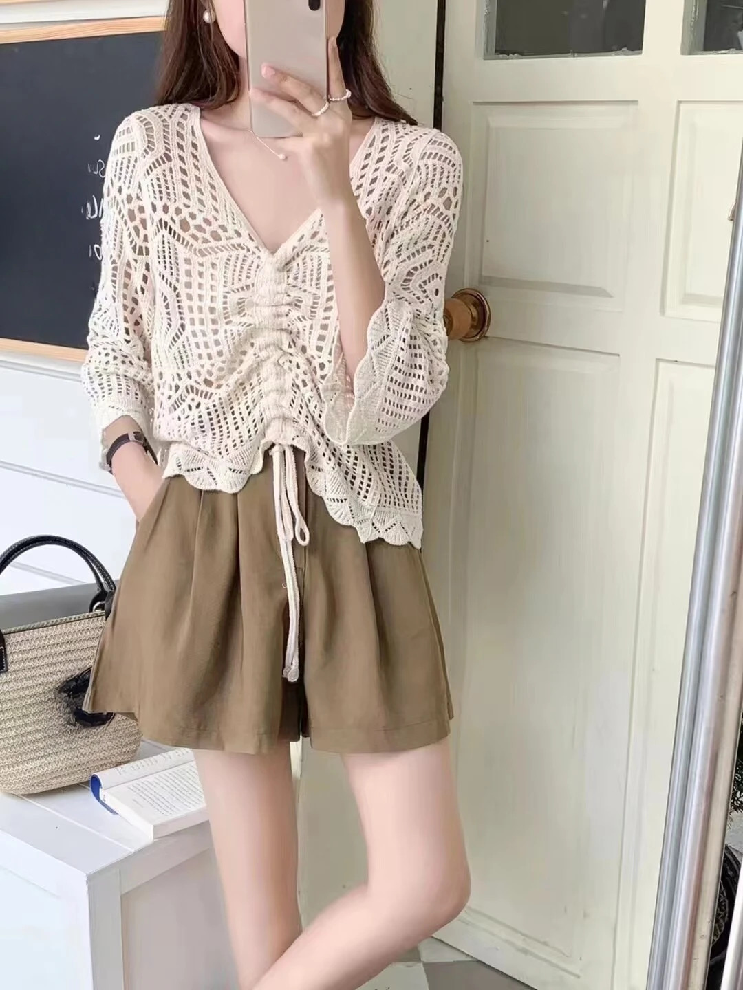 REALEFT Summer Bohemian Lace Crochet Womens Blouses Laceup Half Sleeve Vneck Hollow Out Shirts Tops for 250514