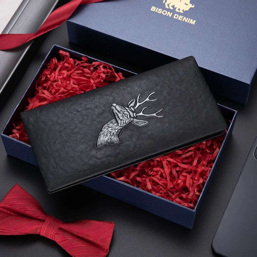 BISON DENIM Genuine Leather Men's Long Card Holder New Designer Brand Cowhide Handbag Men Gift Purse Wallet