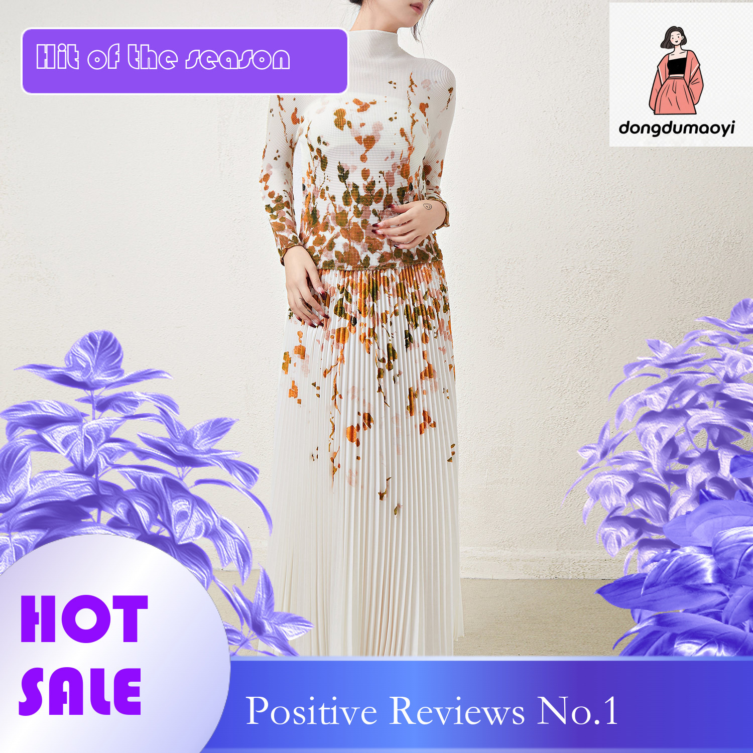 dongdumaoyi Printed autumn new three bedroom top pleated slim fit long sleeved t-shirt women's two-piece set