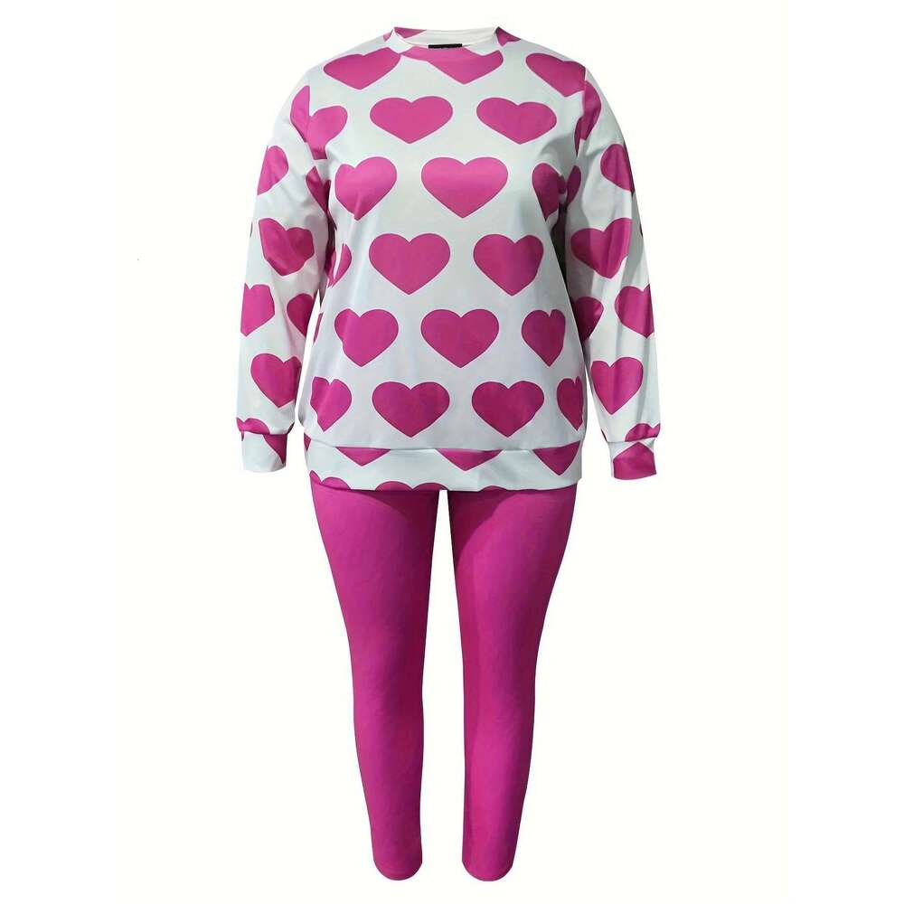 LW Plus Size women's clothing Heart Print Pocket Pants Set casual Autumn Two pieces Female long sleeve Top + pants sets