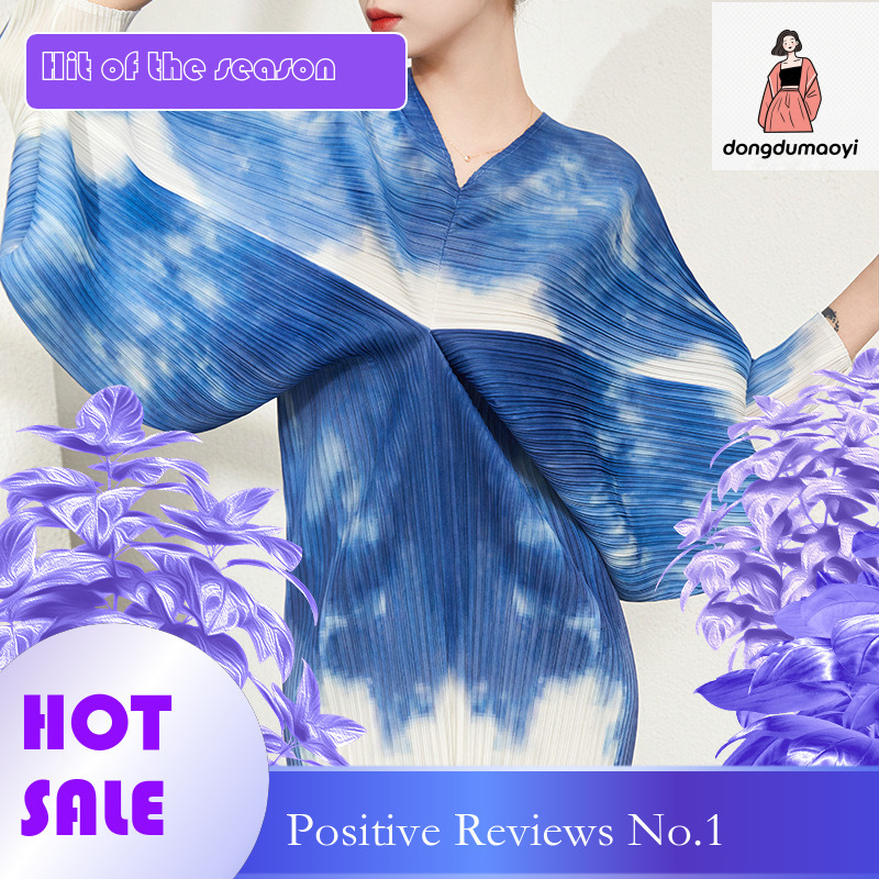 dongdumaoyi new autumn French tie dye printed batball sleeve V neck with high end irregular dress for women