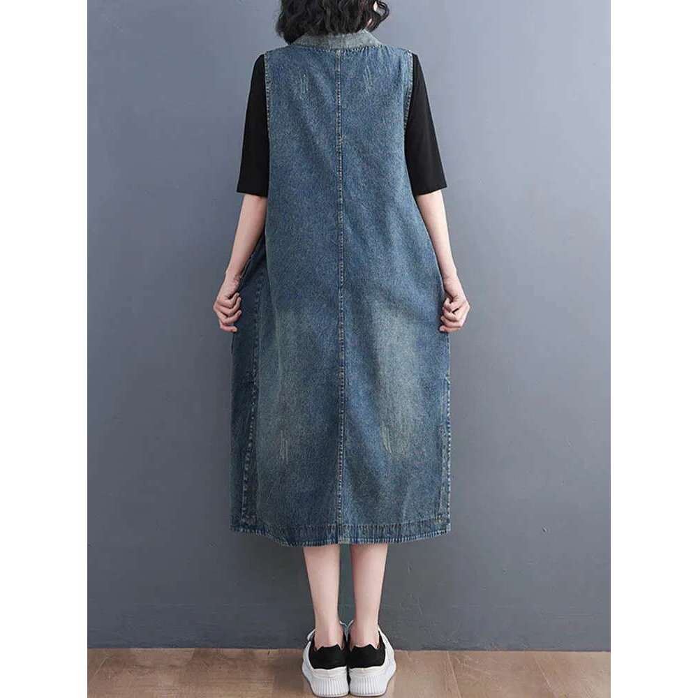Korean Fall Long Clothes Womens Fashion Loose Belt Sleeveless Denim Dresses Ladies Classic Leisure Vintage Vestidos