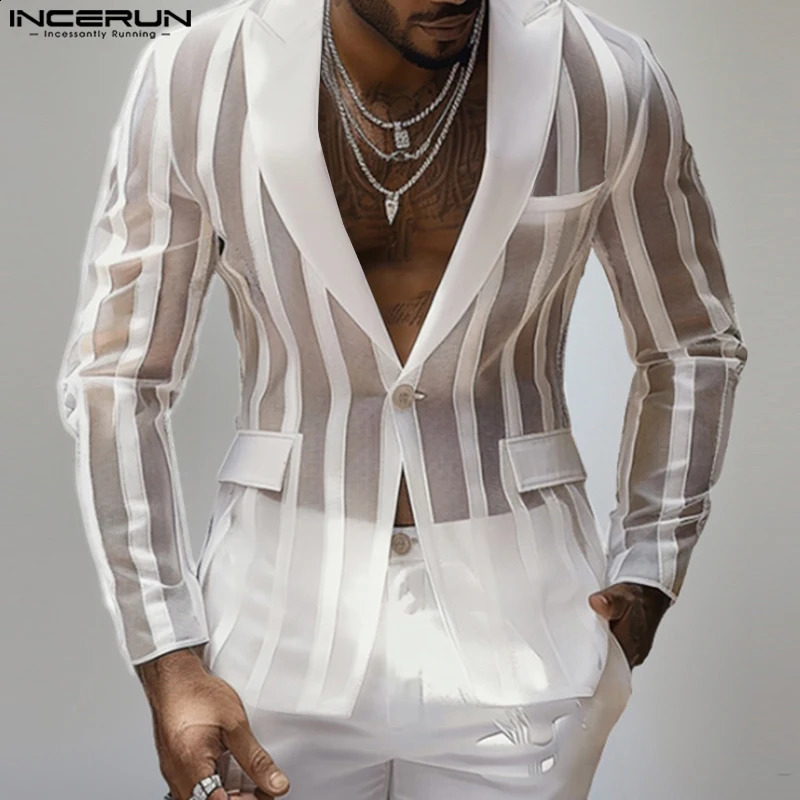 INCERUN Handsome Mens Tops See-through Striped Suit Coats Fashionable Male Selling Long Sleeved Blazer S-5XL 250513