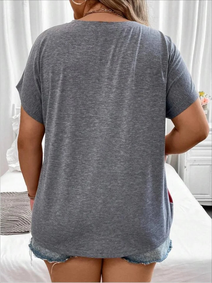Plus Size European and American Cross Border Womens Loose Short Sleeve Patchwork Pocket Tshirt Top 250514