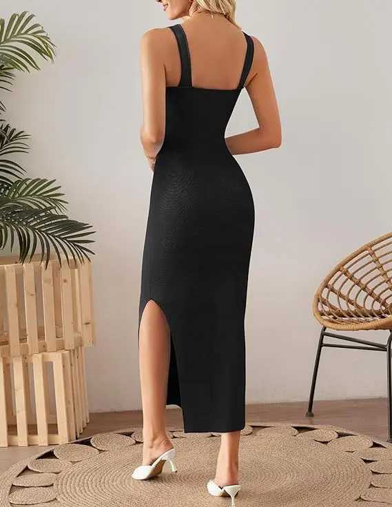 Dresses For Women 2024 Summer Knitted Ribbed Tank Top Sexy Slit Hip Party Evening Midi Dress Formal Vacation Dresses Long DressesXJ250514