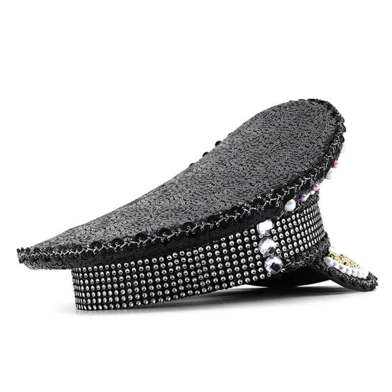 652F Bridal Captain Hat Jeweled Rhinestones for Women Bride Hat Sparkling Sequins Eye-catching Po Props 250513