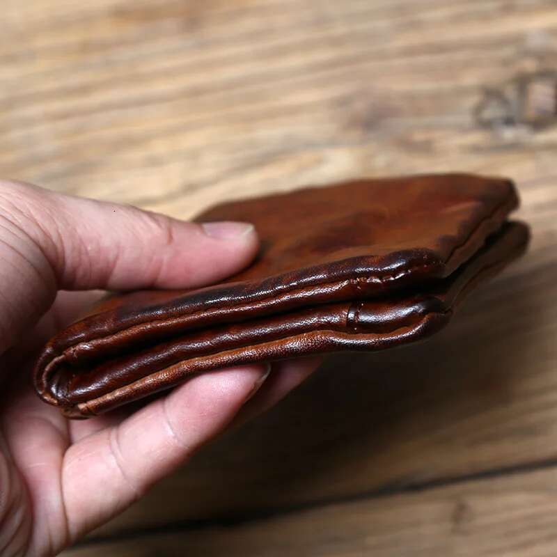 NZPJ Men's Cowhide Retro Women's Short Vegetable Tanned Leather Vertical Wallet Youth Zipper ID Card Case