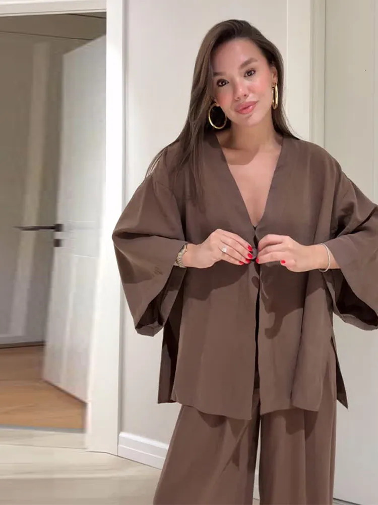 Cotton Linen Pants Outfits Women Casual Loose V Neck One Button Half Sleeves Sets Female 2025 Spring Summer Solid Soft Set 250513